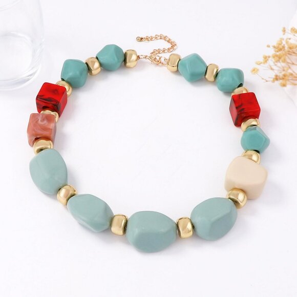 Aqua Blue, Red & Cream Resin Bead Choker Necklace - Modern Boho! - Picture 3 of 4